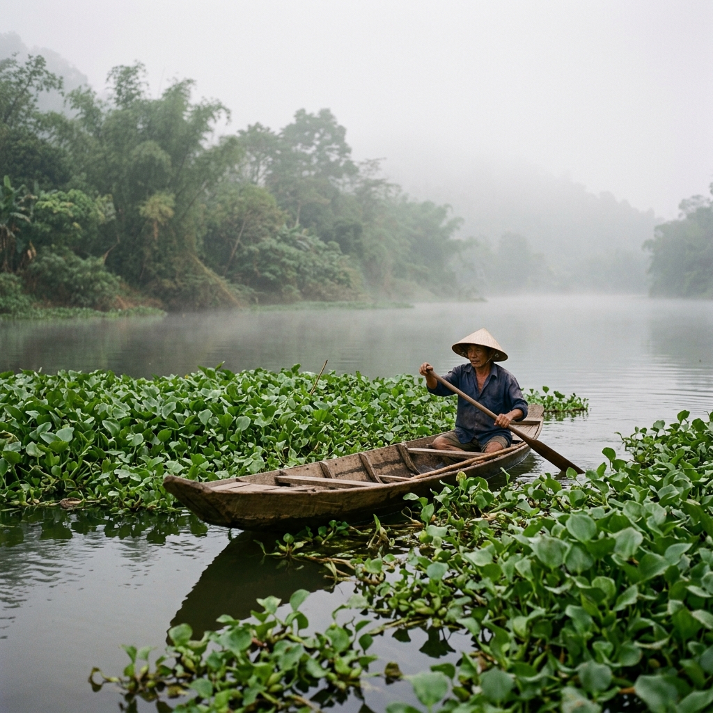 Boat on river with water hyacinth