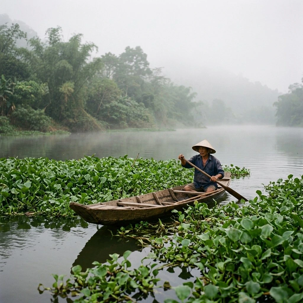 Boat on river with water hyacinth