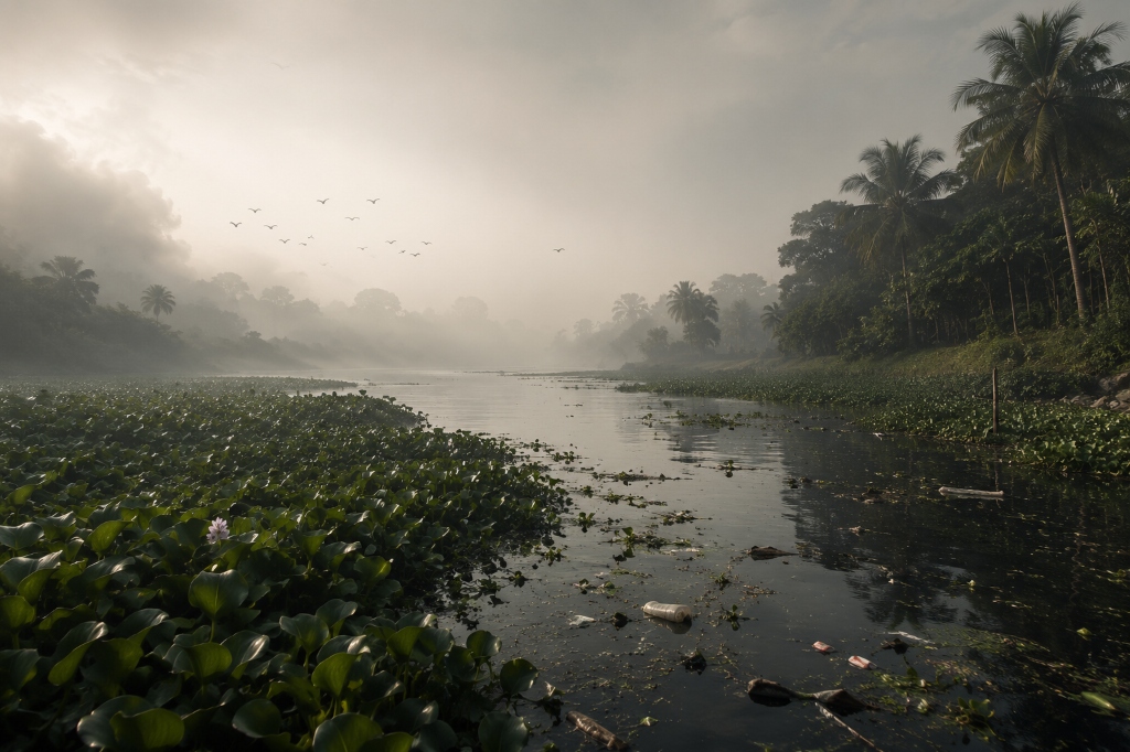 Water hyacinth clogging river